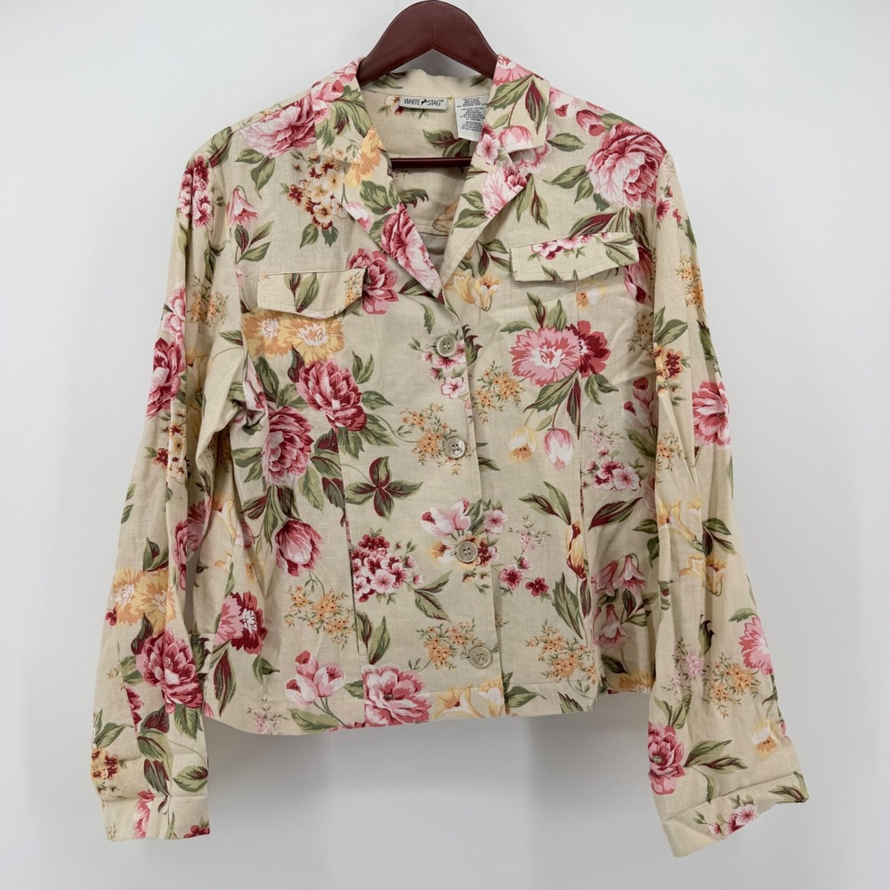 White Stag Women Jacket Size M 8/10 Stone Pink Floral Linen Blend Button Front